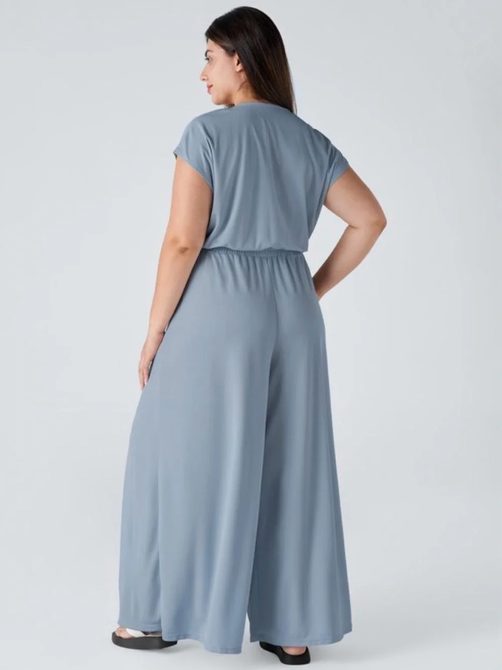 Halara V Neck Short Sleeve Pocket Wide Leg Flowy Waffle Casual Jumpsuit - Picture 2 of 7